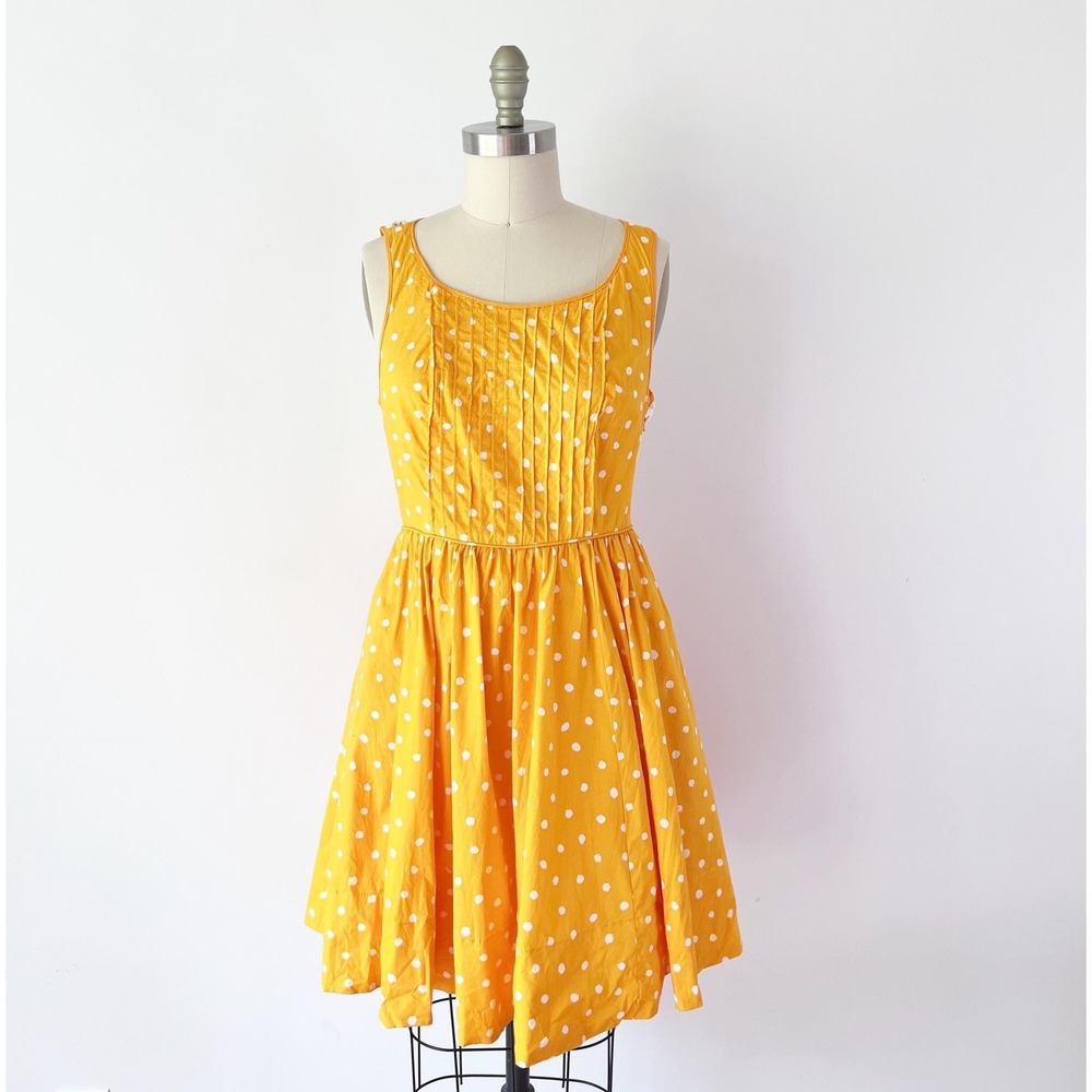 Moulinette Soeurs Dress Yellow Polka Dot Lace Back Pintuck Pockets 6
